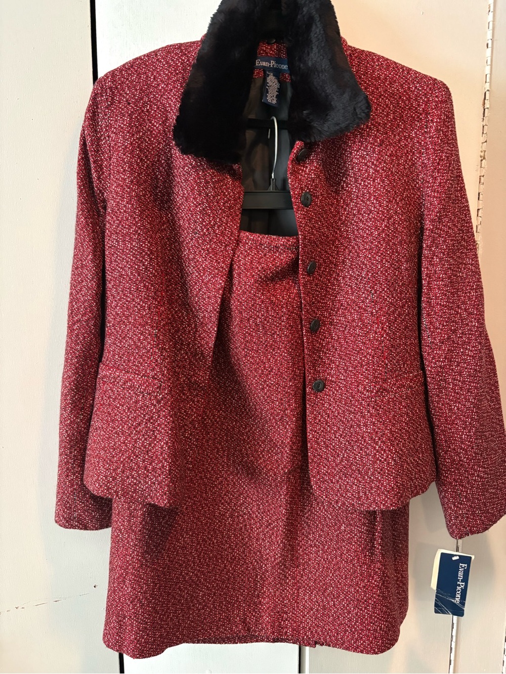 Evan Picone Red Tweed Suit with Black Faux Fur Collar